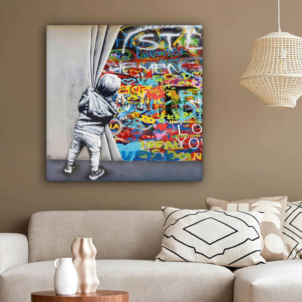 LEINWANDBILD Graffiti - Junge - Ilussie - Straßenkunst 90x90 cm - Hellgrau, Textil (90/90cm) - MuchoWow