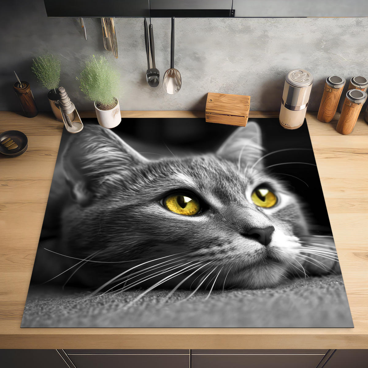 HERABDECKPLATTE - Katze - Grau - Tiere - Katze - 58x59 - Grau, Kunststoff (58/59/0.2cm) - MuchoWow
