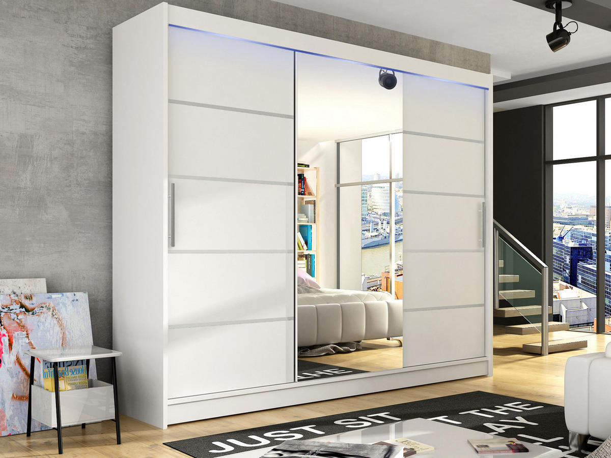 KLEIDERSCHRANK Aston VI, mit RGB LED Beleuchtung - Silberfarben/Weiß, Holzwerkstoff/Kunststoff (250/215/58cm) - MIRJAN24