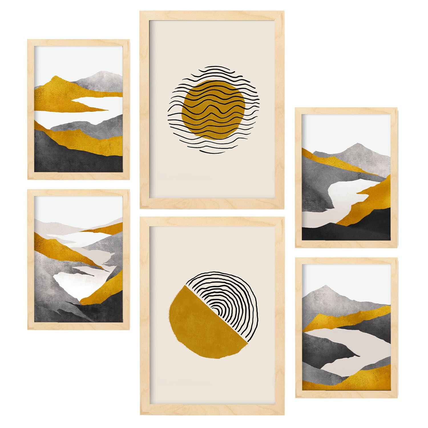 POSTER Set Mit 6 Zykloidale Natur In Kulissen Abstracts Ästhetische Dekorative Gemälde Für Ihr Wohnzimmer Zuhause A3 & A4 Rahmen Aus Hellem Holz - Beige, Papier (29/3cm) - Nacnic
