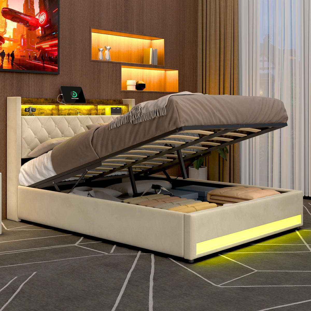 POLSTERBETT 160/200 cm Beige mit LED-Lichtleiste und USB-Anschlüssen - Beige, Holzwerkstoff (160/200cm) - OKWISH