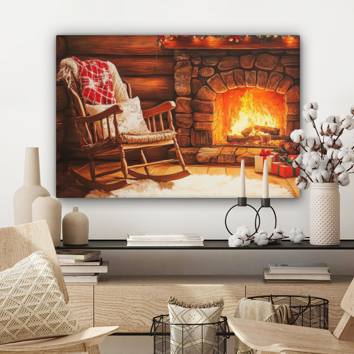 LEINWANDBILD Winter - Weihnachten - Zuhause - Kamin Wanddeko 90x60 cm - Bernsteinfarben, Textil (90/60cm) - MuchoWow