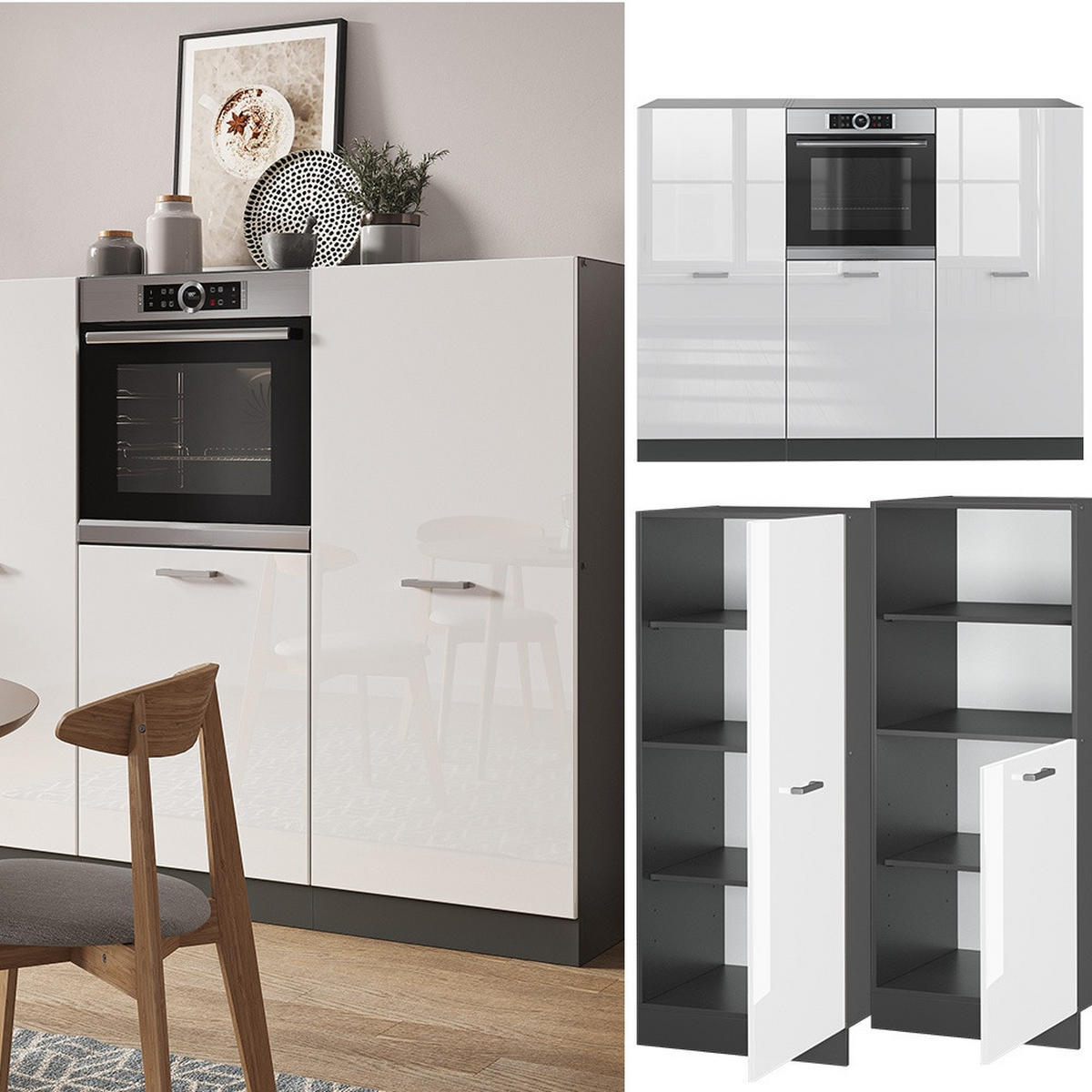KÜCHENBLOCK R-Line Weiß Hochglanz/Anthrazit 180 cm ohne Arbeitsplatte - Weiß Hochglanz/Anthrazit, Holzwerkstoff (180/143/46cm) - Vicco