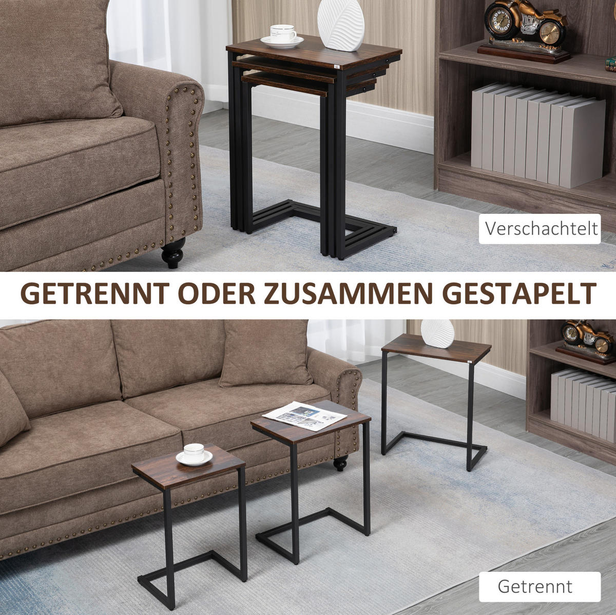 BEISTELLTISCH 45/60/30 cm Braun aus Holz mit Stahlgestell 3er Set - Braun, Holzwerkstoff (45/30/60cm) - OKMYHOME