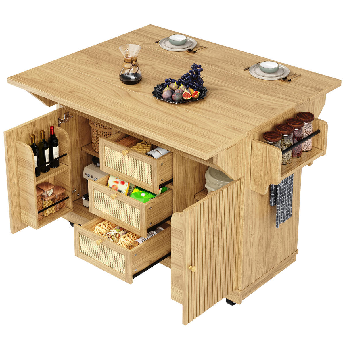 KÜCHENINSEL DE-41166 142,5/40-80/95 cm mit beidseitig klappbarer Tischplatte Naturbraun - Naturfarben, Holzwerkstoff (142.5/95/80cm) - ComfortXL