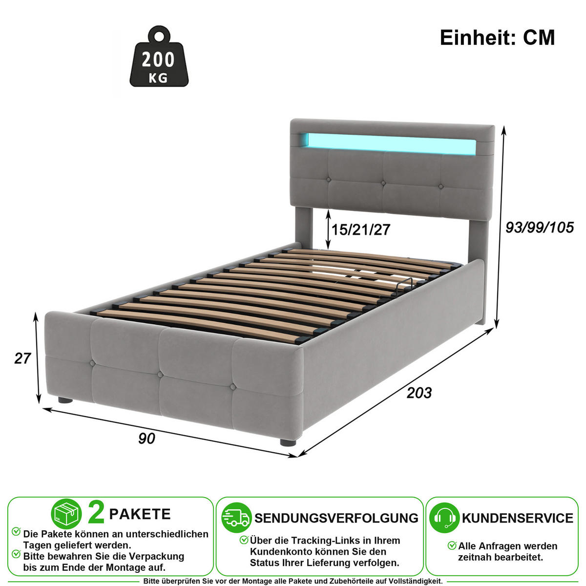 POLSTERBETT 90/200 cm in Grau Samt mit Bettkasten, LED und verstellbarem Kopfteil - Grau, Holzwerkstoff/Textil (90/200cm) - CHICFURN