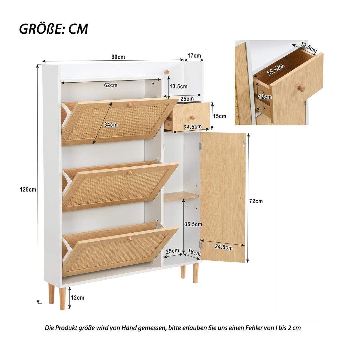 SCHUHSCHRANK 90/125/17 cm in Natur/Weiß mit 3 Klappen und 1 Schublade - Weiß, Holzwerkstoff (90/125/17cm) - Flora Grace