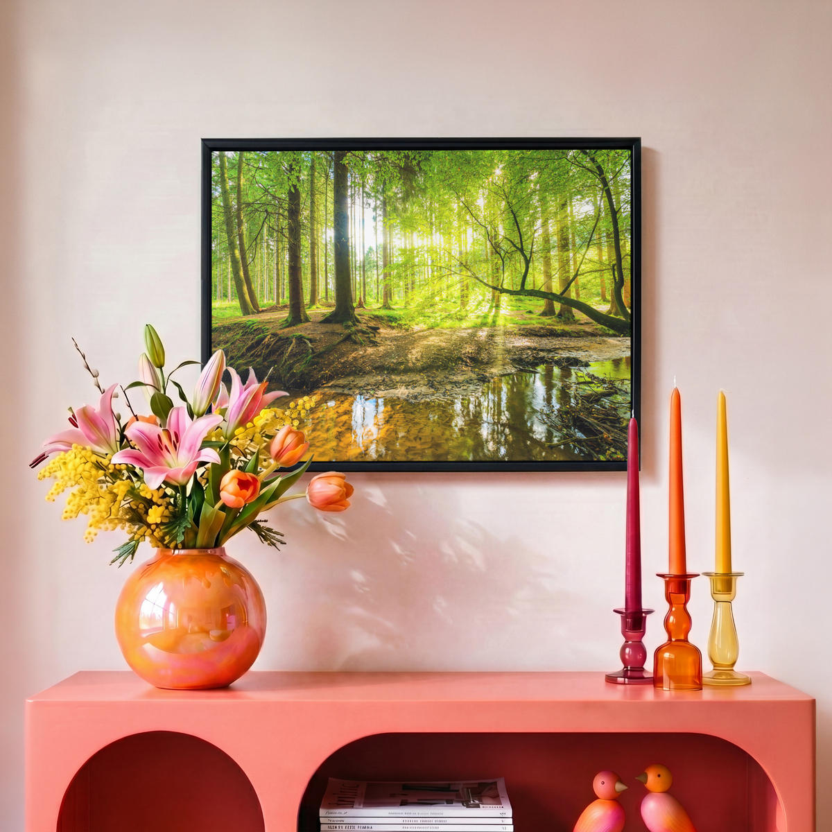 LEINWAND Bilder mit Rahmen - Wald - Landschaft - Wasser - Bäume - Sonne - Grün - Natur - 40x30 - Grün, Textil (40/30cm) - MuchoWow