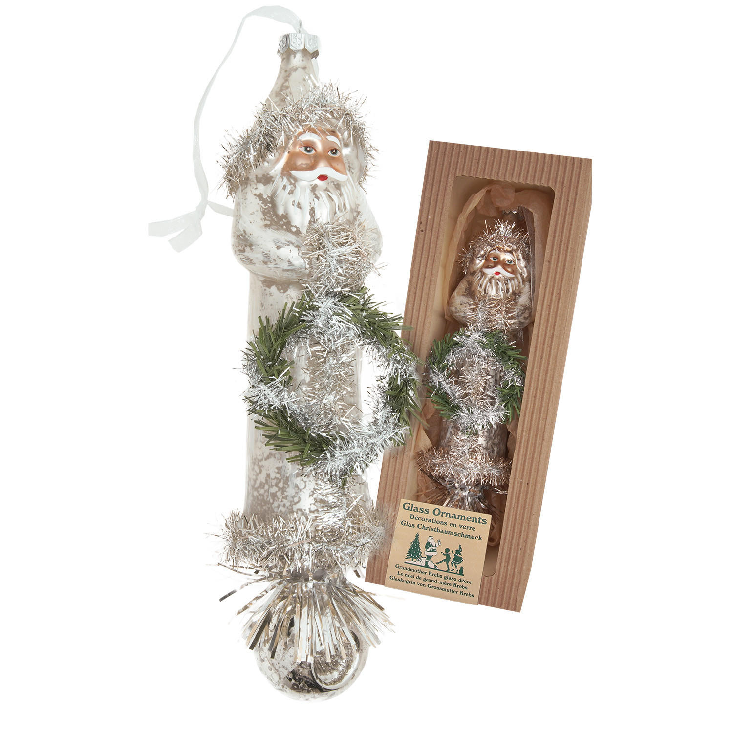 CHRISTBAUMSCHMUCK Santa mit Kranz Nostalgie Silberfarbig 22cm (Glas / 1 Stk.) - Silberfarben, Glas (5/22/5cm) - Krebs Glas Lauscha