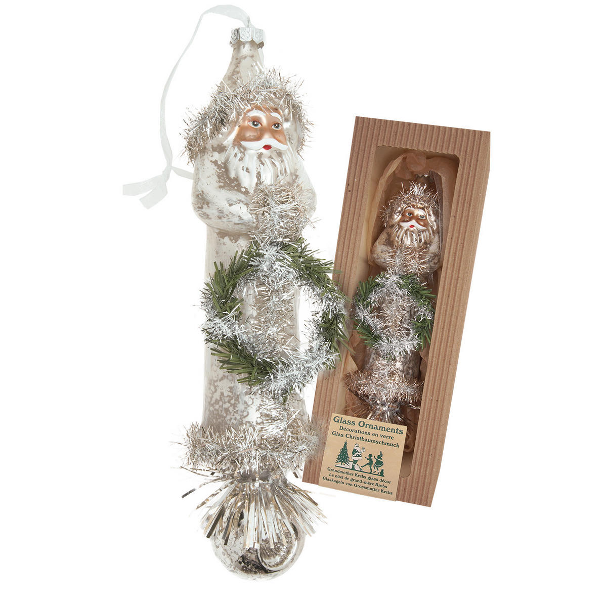 CHRISTBAUMSCHMUCK Santa mit Kranz Nostalgie Silberfarbig 22cm (Glas / 1 Stk.) - Silberfarben, Glas (5/22/5cm) - Krebs Glas Lauscha