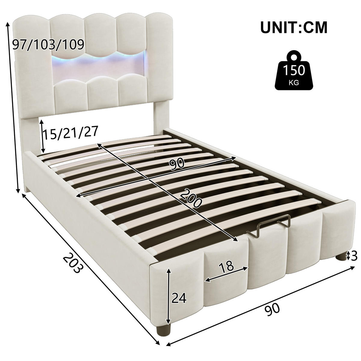 ČALÚNENÁ posteľ zo zamatu a MDF 90x200 cm béžová s LED osvetlením, úložným priestorom a nastaviteľným čelom - béžová, textil (90/200cm) - Modfu