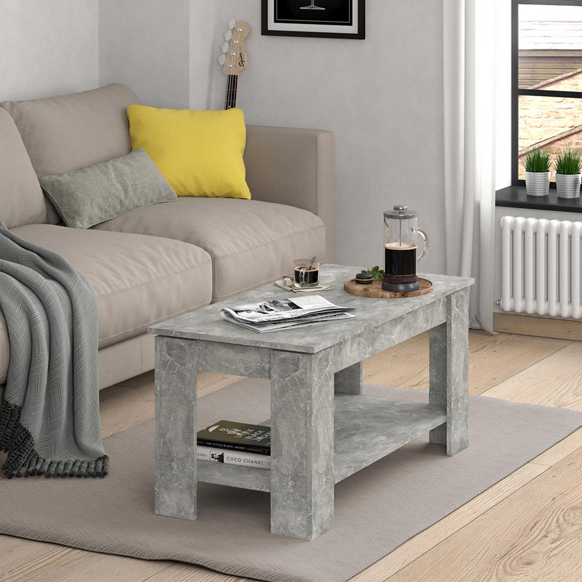 COUCHTISCH Lorenz Beton 100 x 50 cm mit Liftfunktion - Grau, Holzwerkstoff (50/100/50cm) - Vicco