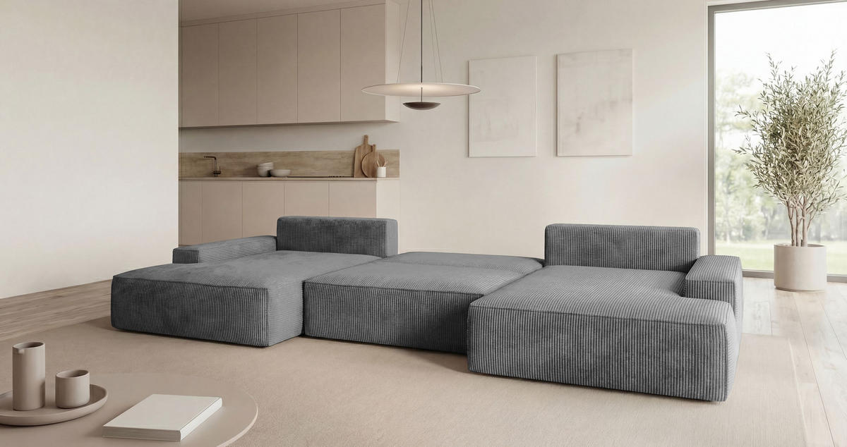 WOHNLANDSCHAFT VERONA U-Form dunkelgrau Cord Poso 60 - Schlaffunktion, Bettkasten - Anthrazit, Textil (385/86/185cm) - Cornero
