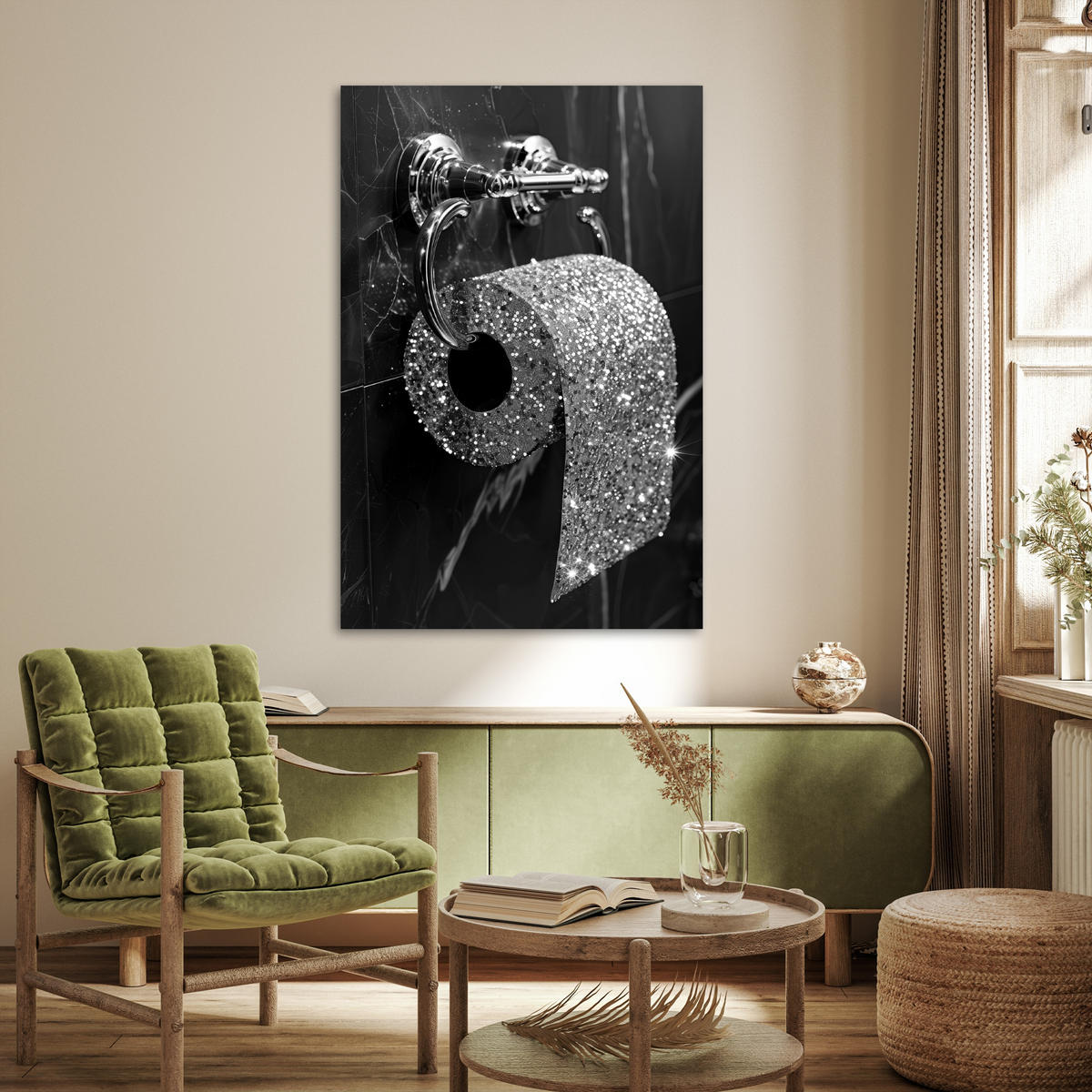 POSTER WC - Toilettenpapier - Schwarz und weiß - Glitter 80x120 cm - Silberfarben, Papier (80/120/0.1cm) - MuchoWow