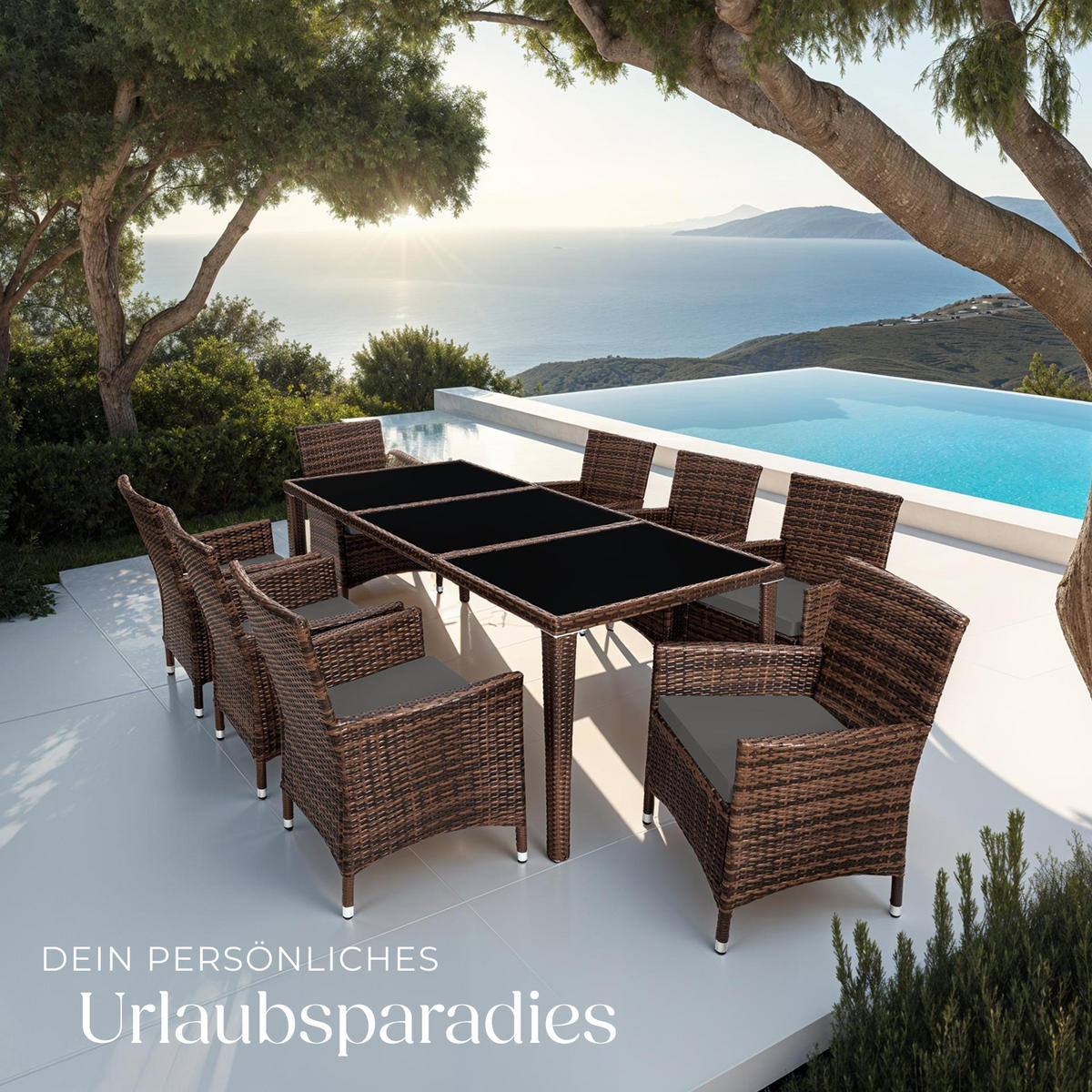 RATTAN SITZGRUPPE Menorca,2 Bezugssets, inklusive Schutzhülle,schwarz/braun - Schwarz/Braun, Kunststoff - tectake