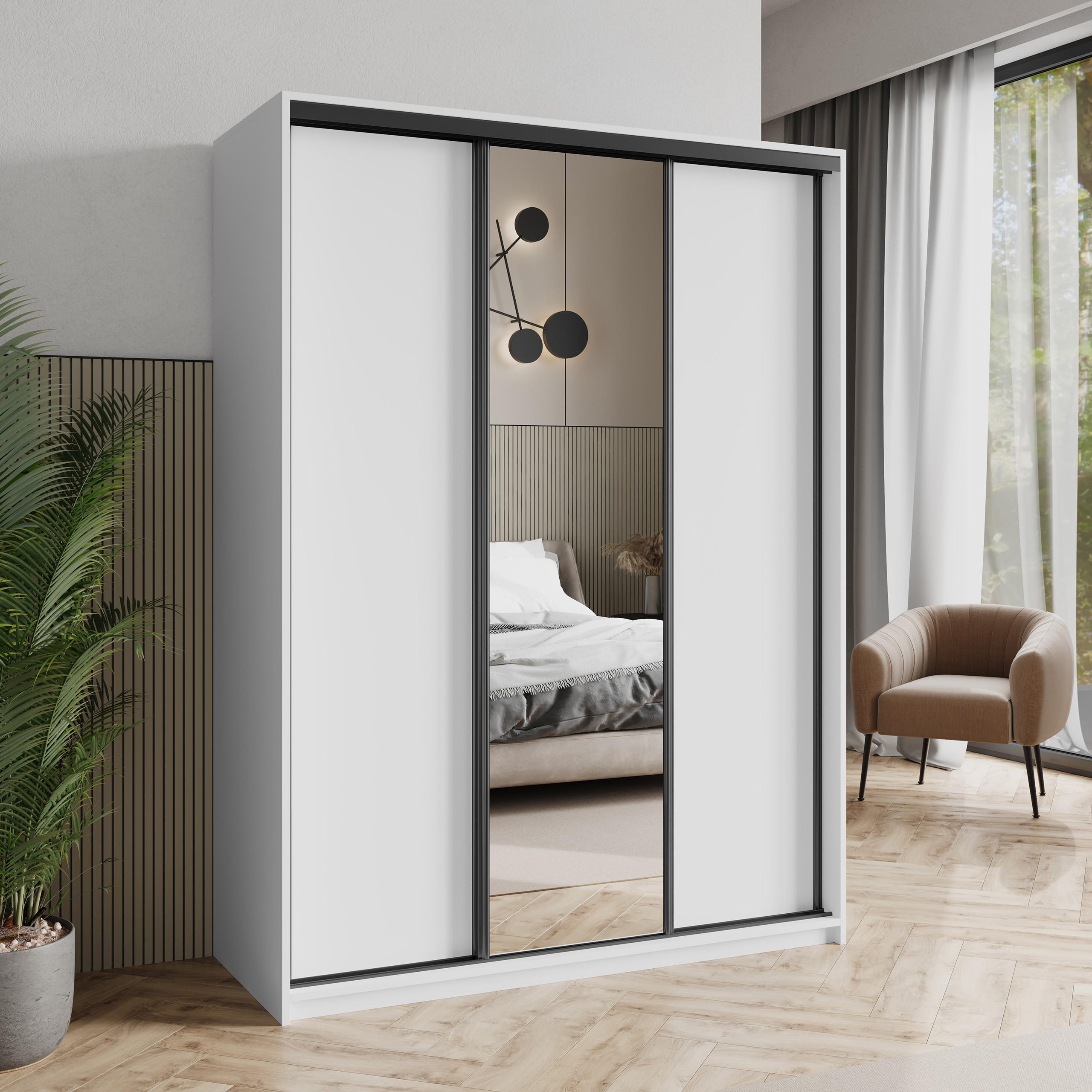 SCHWEBETÜRENSCHRANK TAVI 150/205/60 cm 3-türig mit Spiegel Weiß - Weiß, Holzwerkstoff (150/205/60cm) - MASSENO