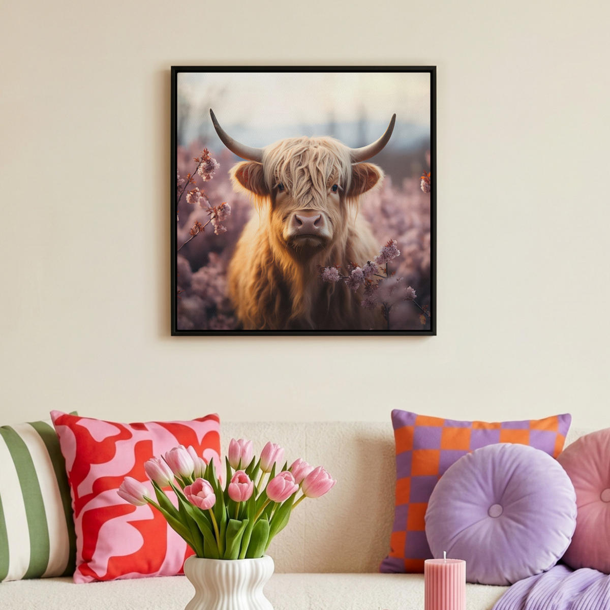LEINWAND Bilder mit Rahmen - Schottischer Hochländer - Frühling - Hochland - 50x50 - Hellrosa, Textil (50/50cm) - MuchoWow