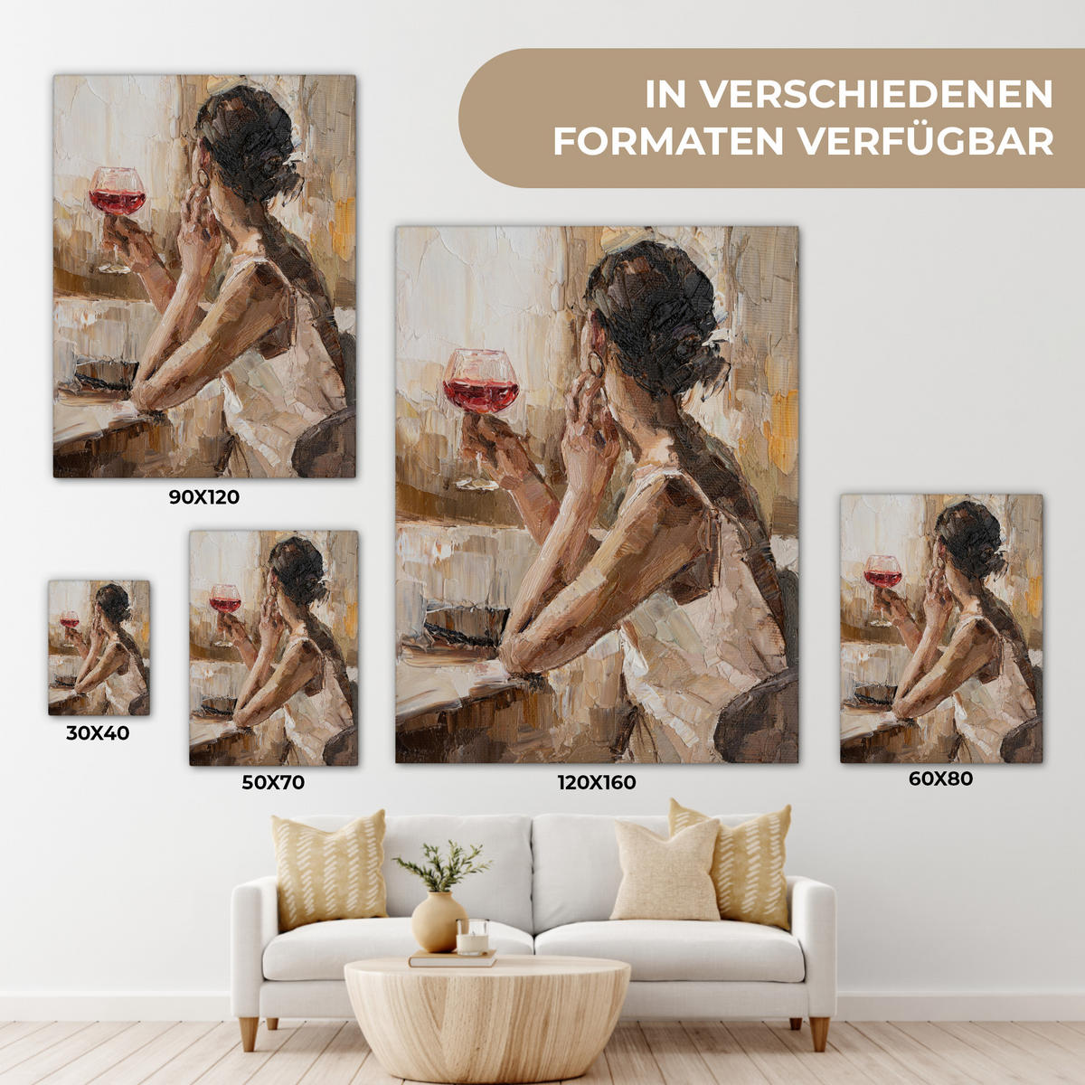 LEINWANDBILD Ölgemälde - Frau - Wein 30x40 cm - Hellbraun, Textil (30/40cm) - MuchoWow