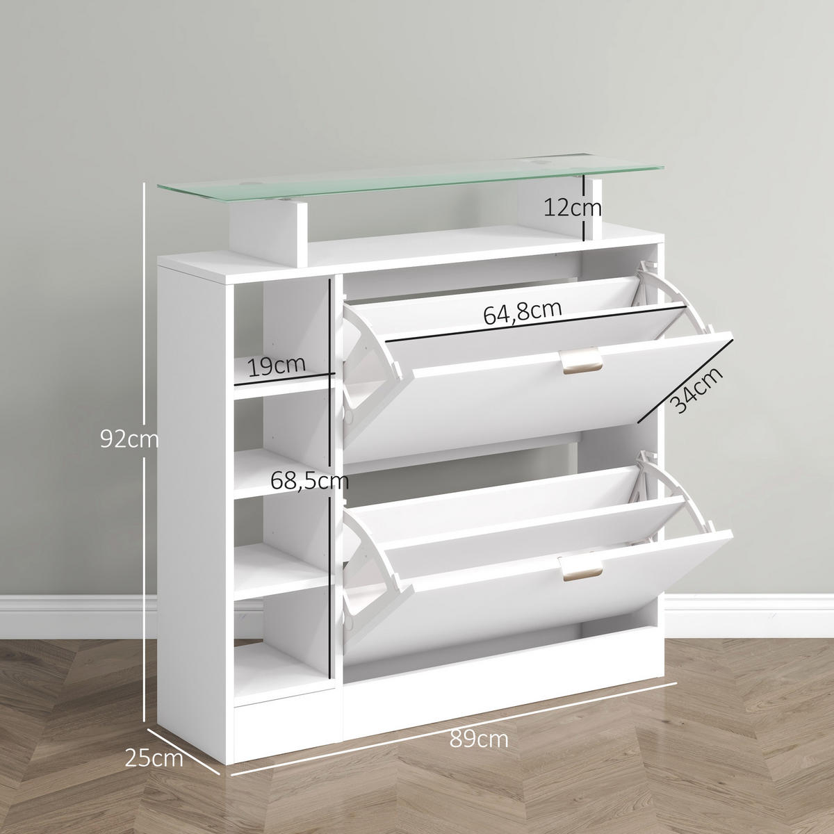 SCHUHSCHRANK DE-15011 2 Klapp-Schubladen & Glasablage Weiß - Weiß, Holzwerkstoff (89/92/25cm) - ComfortXL