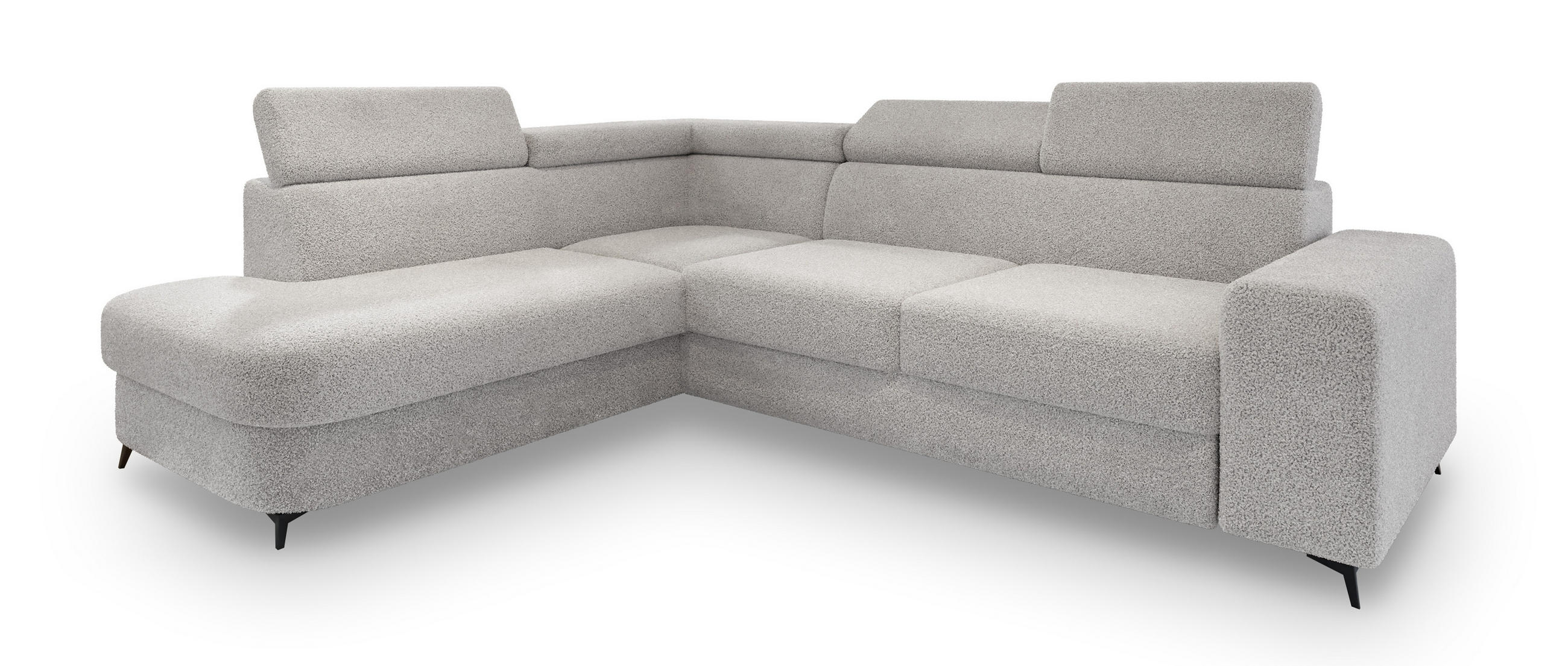 ECKSOFA ALVORO L-S Hellgrau Boucle-Stoff mit Schlaffunktion - Hellgrau, Holz (253/190cm) - MASSENO