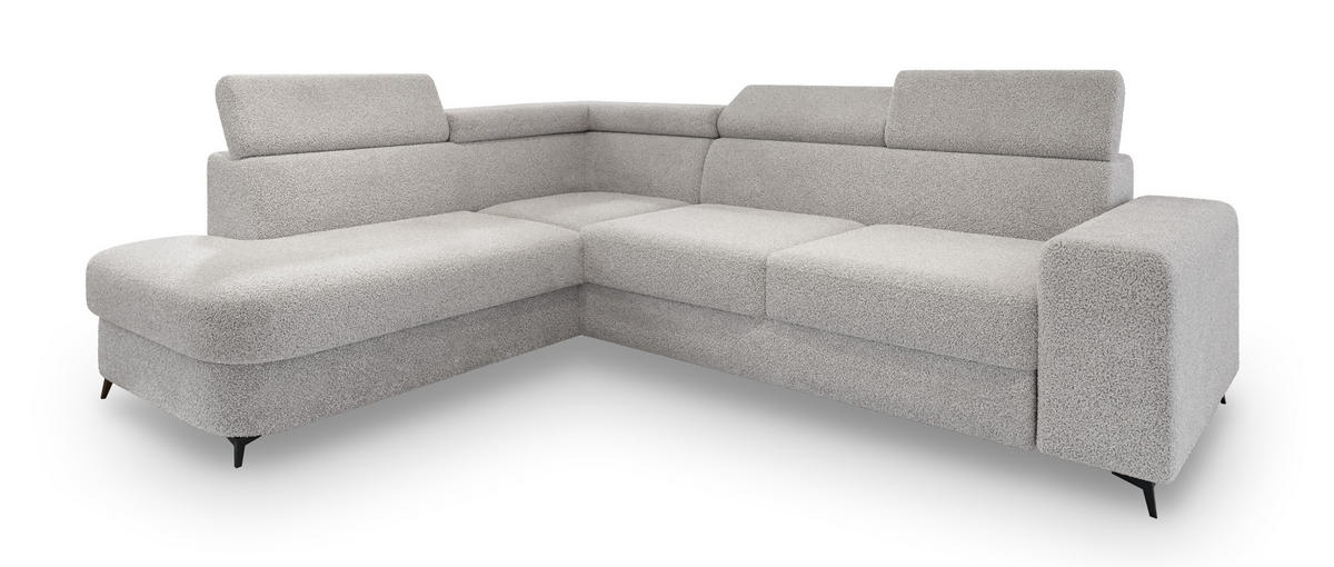 ECKSOFA ALVORO L-S Hellgrau Boucle-Stoff mit Schlaffunktion - Hellgrau, Holz (253/190cm) - MASSENO