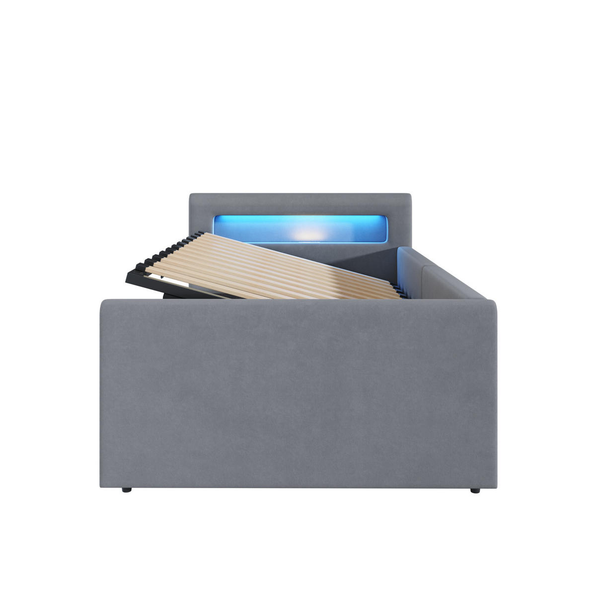 KINDEREINZELBETTEN aus Samtstoff 90 x 200 cm in Hellgrau mit LED, USB & Stauraum - Hellgrau, Textil (90/200cm) - Modfu