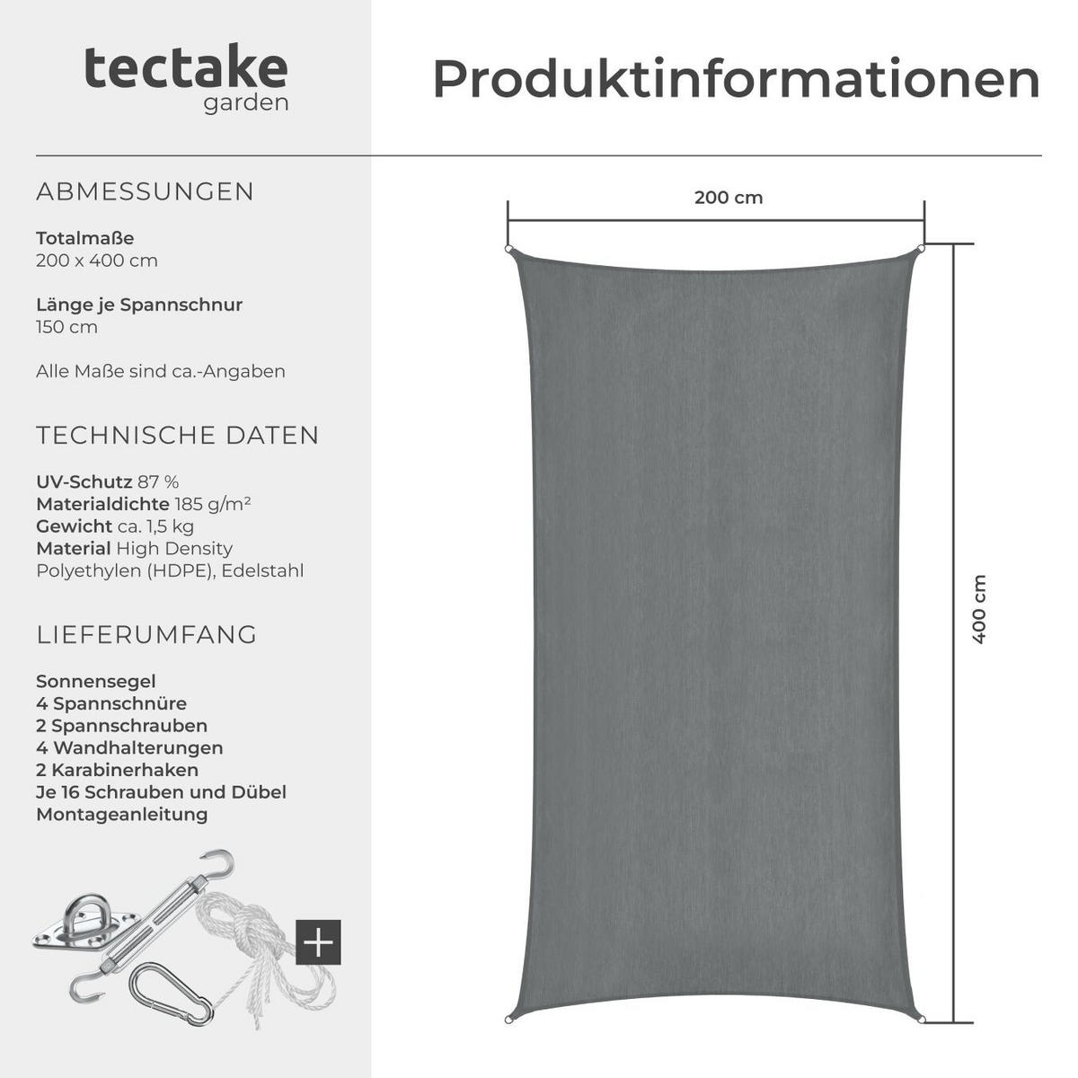SONNENSEGEL Sunny,umfangreiches Montagematerial,grau - Grau, Kunststoff (400/200cm) - tectake