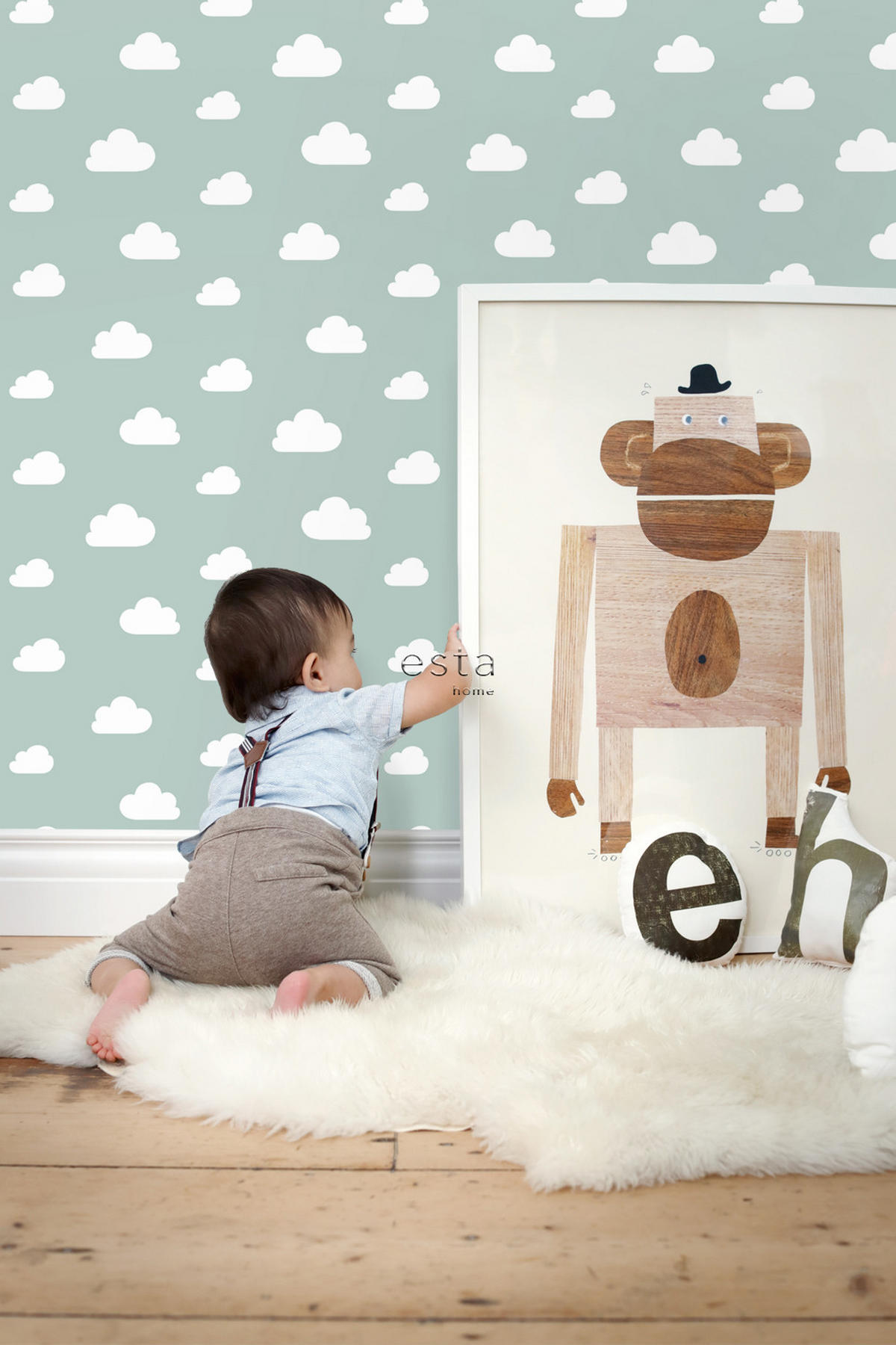 TAPETE kleine Wolken 53 cm x 10.05 m - Grün, Papier (53/0.1cm) - ESTAhome
