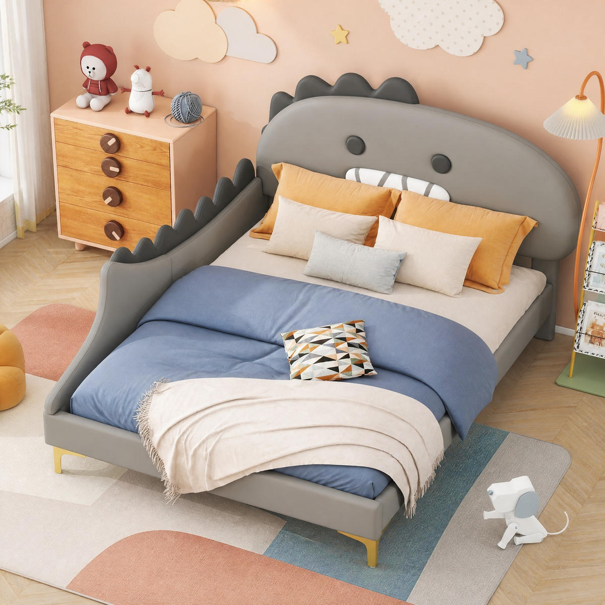 KINDERBETT 140/200 cm in Grau mit Dinosaurier-Design aus PU - Grau, Holzwerkstoff/Textil (140/200cm) - CHICFURN