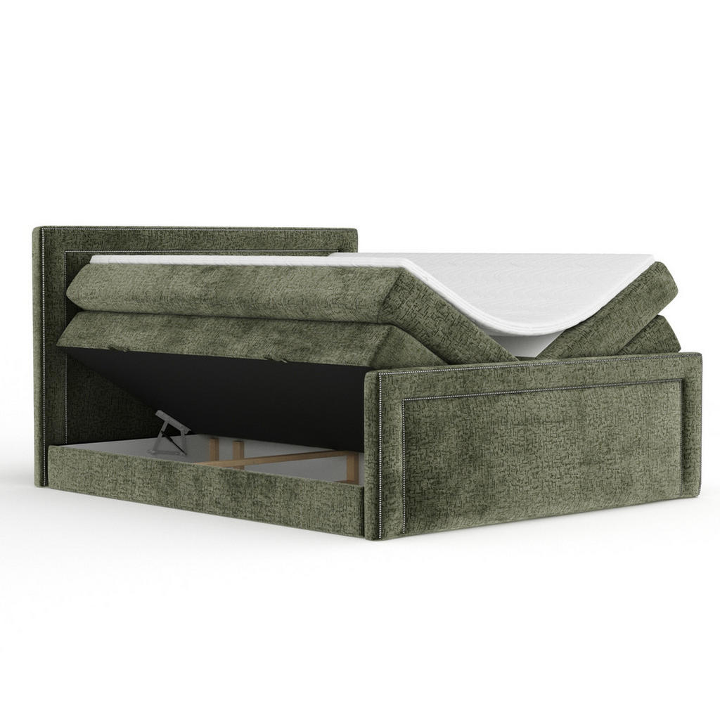 Thumbnail - Maison de Reve Boxspringbett, Olivgrün, Textil, Buche, Kiefer, H3 + H4, 7-Zonen, Höhe ca. 40 cm, 200x200 cm, Handmade in...