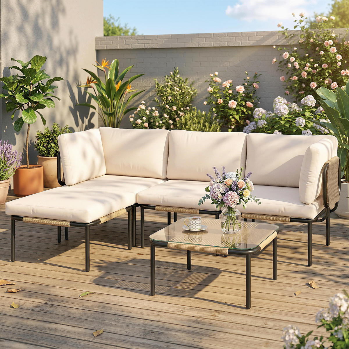 RATTAN-GARTENMÖBEL-SET 5er Set PE-Rattan Stahl Khaki - Beige/Schwarz, Textil/Metall - Outsunny