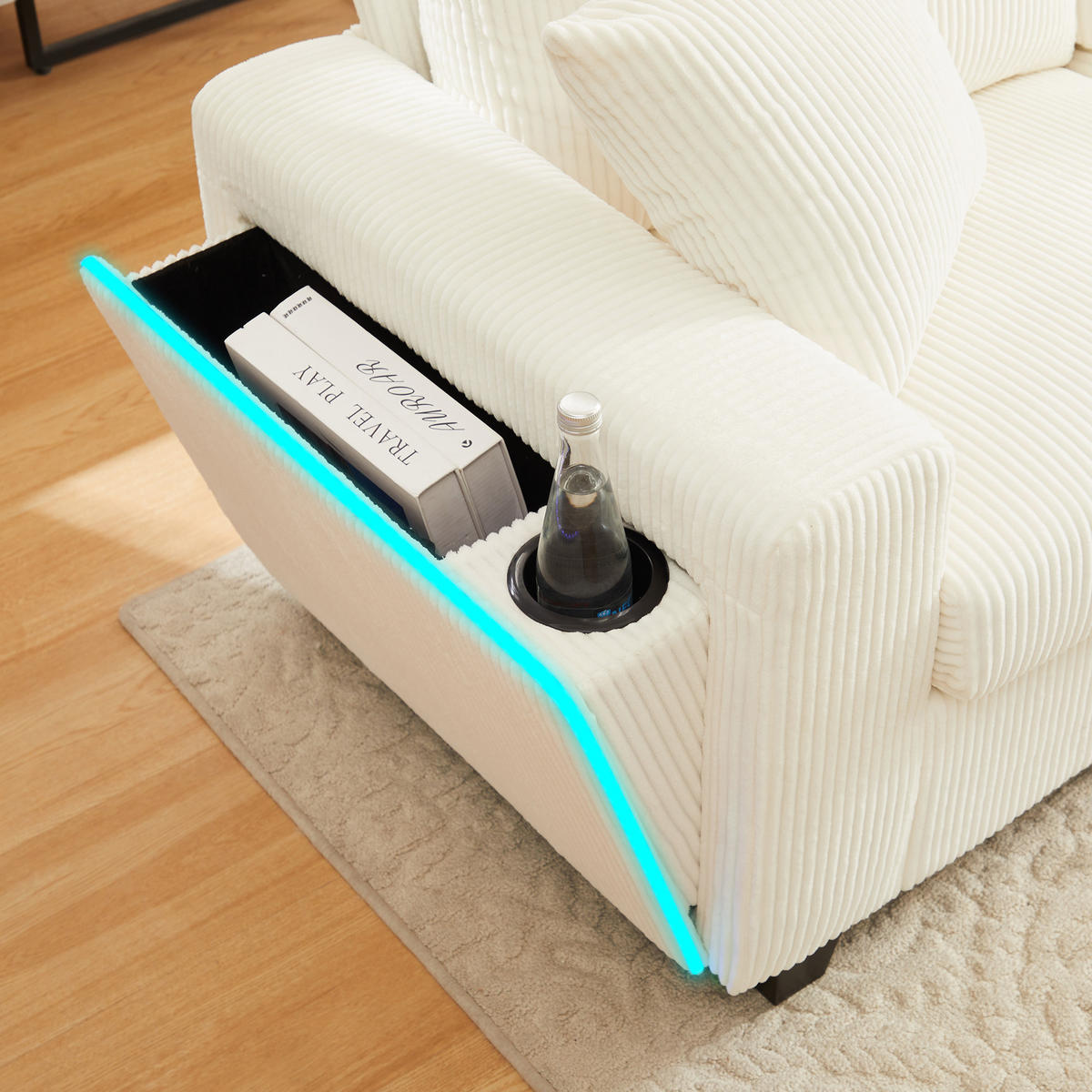 SOFA, U-Form, 2 Hocker, LED-Beleuchtung, Beige, 334x128.5x81cm - Beige, Textil (128.5/81/334cm) - FLIEKS