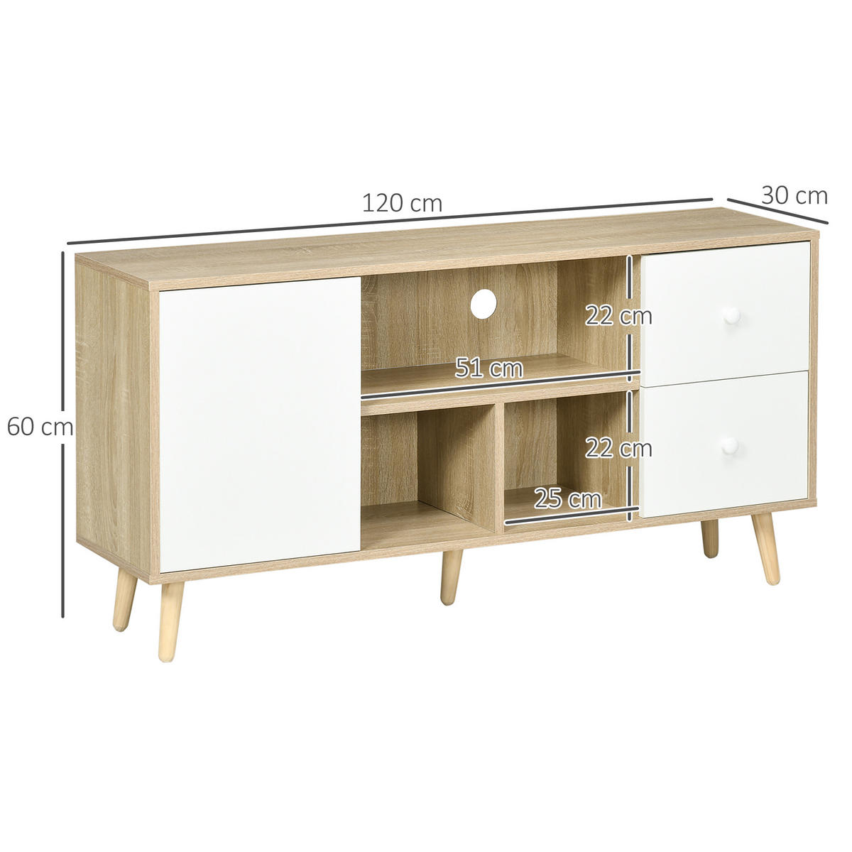 TV-LOWBOARD Weiß/Natur 120/30/60 cm, Massivholzfüße, 1 Tür, 2 Schubladen - Naturfarben, Holzwerkstoff (120/60/30cm) - PANGIVO