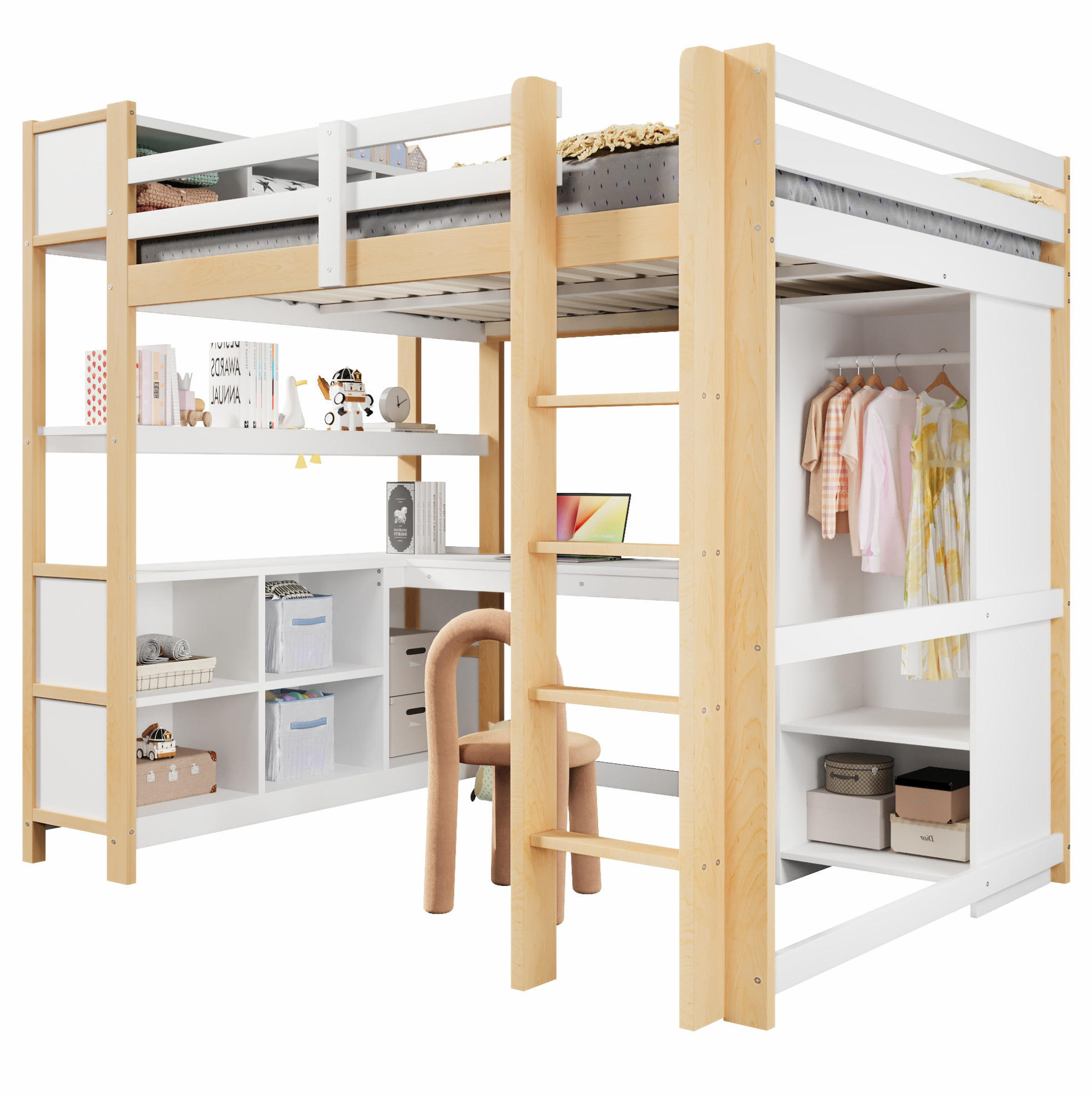 HOCHBETT 140/200 cm aus Kiefernholz mit Schreibtisch, Regalen Natur - Naturfarben, Holz (140/200cm) - OKMYHOME