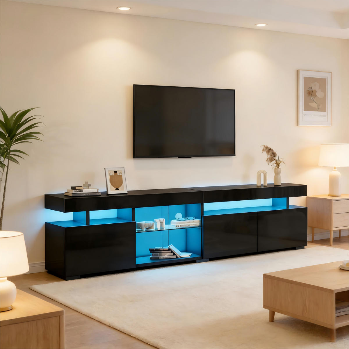 LOWBOARD in Schwarz Hochglanz-TV-Schrank mit verstellbaren Einlegeböden für Fernseher bis ca. 80 Zoll, B180/T35/H45 cm - Schwarz, Glas/Holzwerkstoff (180/45/35cm) - STILVORA