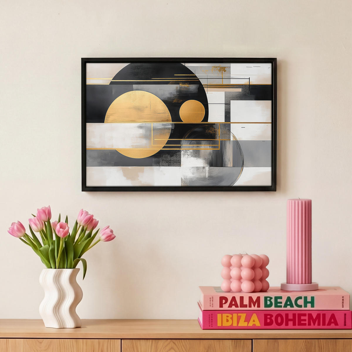 LEINWAND Bilder mit Rahmen - Abstrakt - Gold - Silber - Formen - Ästhetisch - Modern - 30x20 - Goldfarben, Textil (30/20cm) - MuchoWow