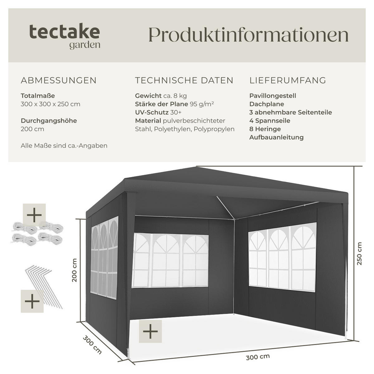 PAVILLON Barinas,wasserdicht,grau - Grau, Kunststoff (300/250/300cm) - tectake