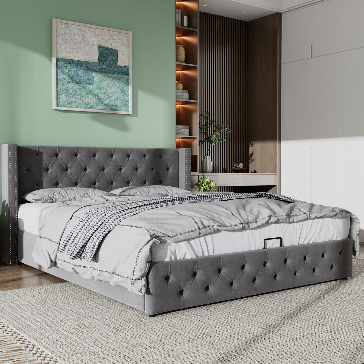 POLSTERBETT 180/200 cm mit hydraulischem Bettkasten, Chesterfield-Design, Samt Grau - Grau, Textil (180/200cm) - Redom