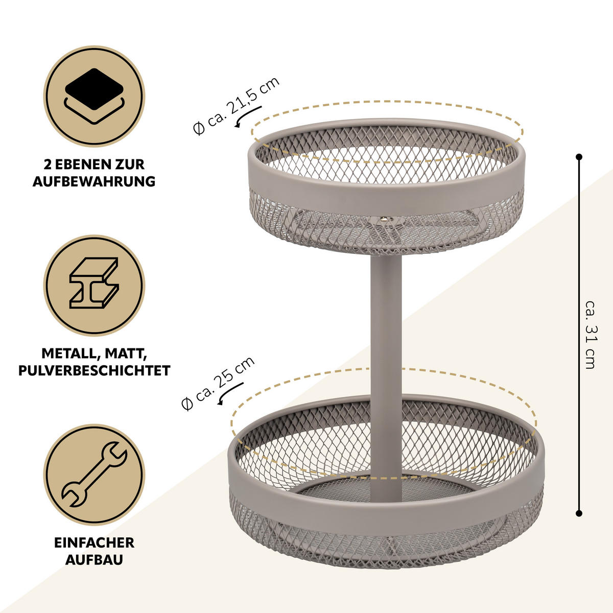 OBSTETAGERE, rund, 2-stöckig, Ø 20 cm und 25 cm, taupe, Metall - Taupe, Metall (25/31cm) - eluno