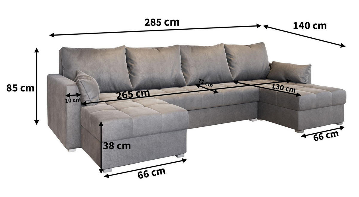 WOHNLANDSCHAFT NAKO M Schwarz Velours-Stoff mit Schlaffunktion - Schwarz, Holz (285/85/140cm) - MASSENO