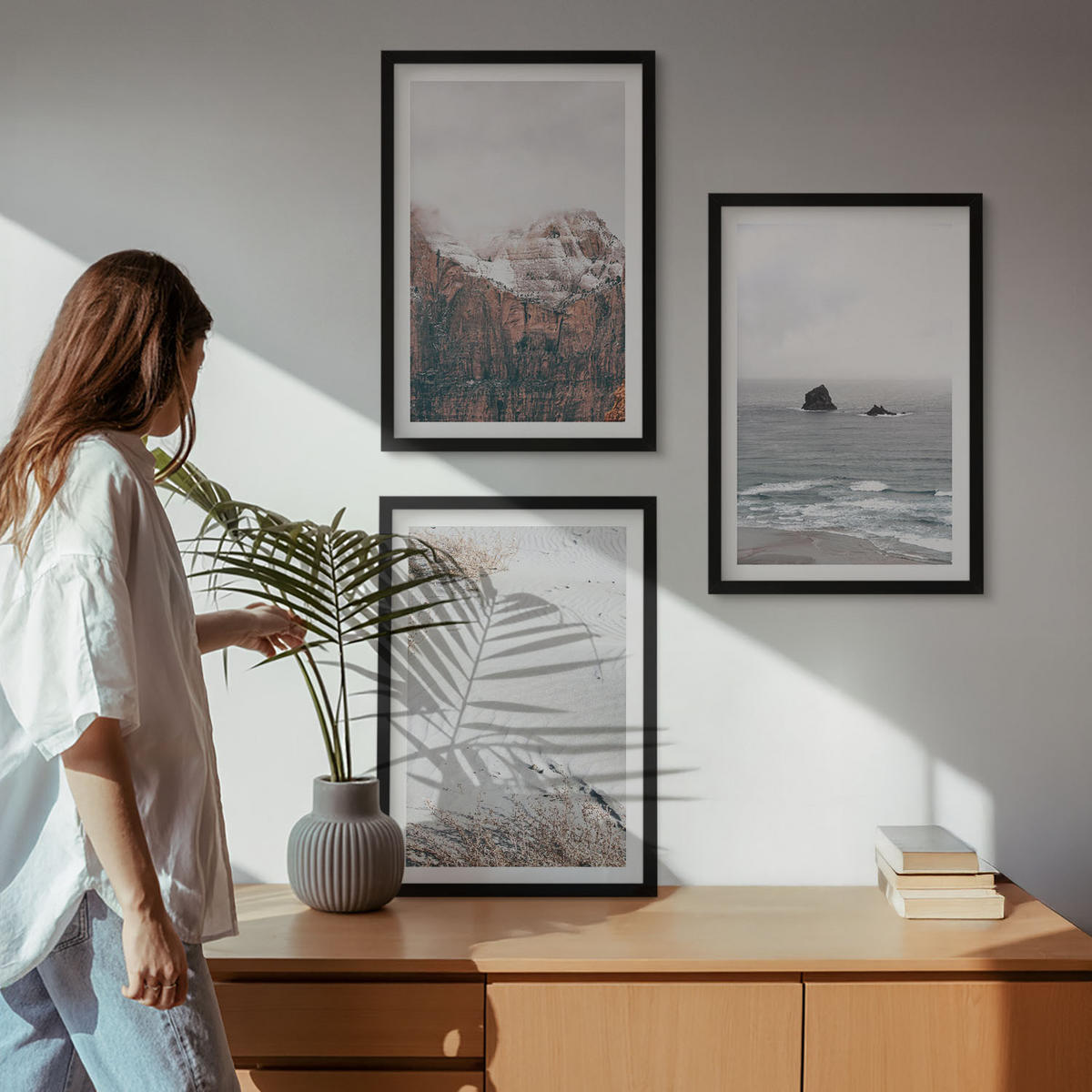 WANDBILDER 3er-Set - 40x60 cm Schwarzer Rahmen - Berge, Wolken, Meer, Sand, Natur - Schwarz, Kunststoff (40/60cm) - ArtPrintCave