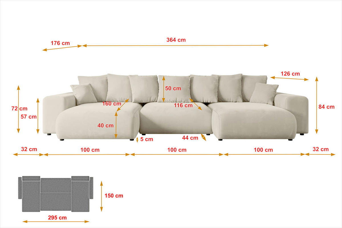 WOHNLANDSCHAFT mit Schlaffunktion ESKAR-U -364x176x84cm Beige Velours - Creme/Schwarz, Holzwerkstoff/Kunststoff (364/84/176cm) - ALTDECOR