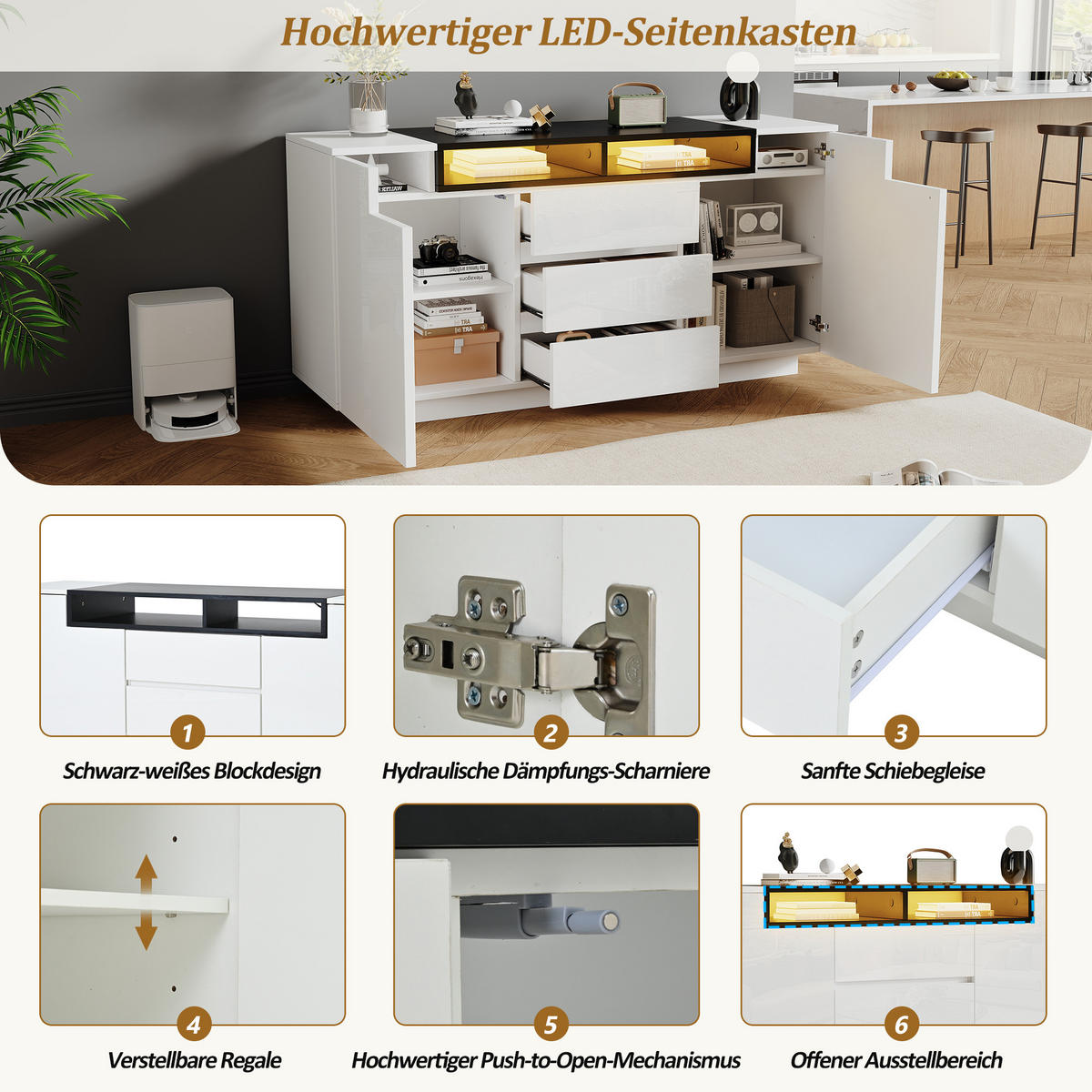SIDEBOARD 140 cm 2 L-förmige Türen, 3 Schubladen, LED-Beleuchtung, Hochglanz Weiß & Schwarz - Weiß Hochglanz, Holzwerkstoff (140/48/60cm) - Urban Meuble