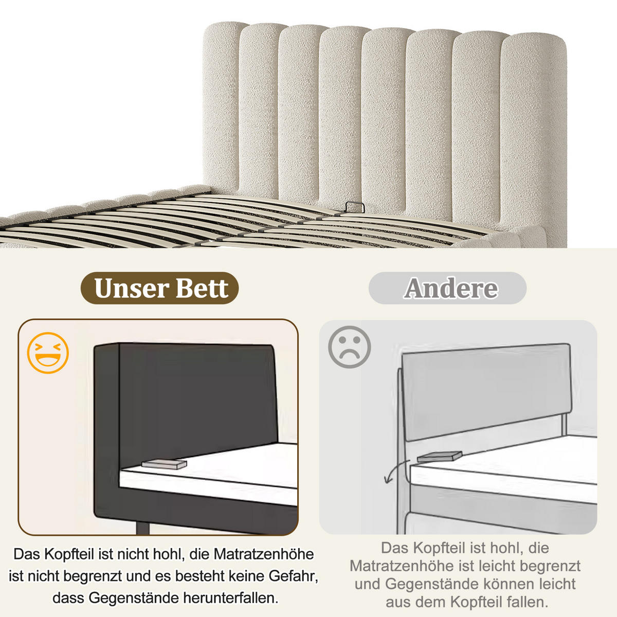 BETT mit Bettkasten Bouclé Weiß - Weiß, Metall (160/200cm) - Meubliv