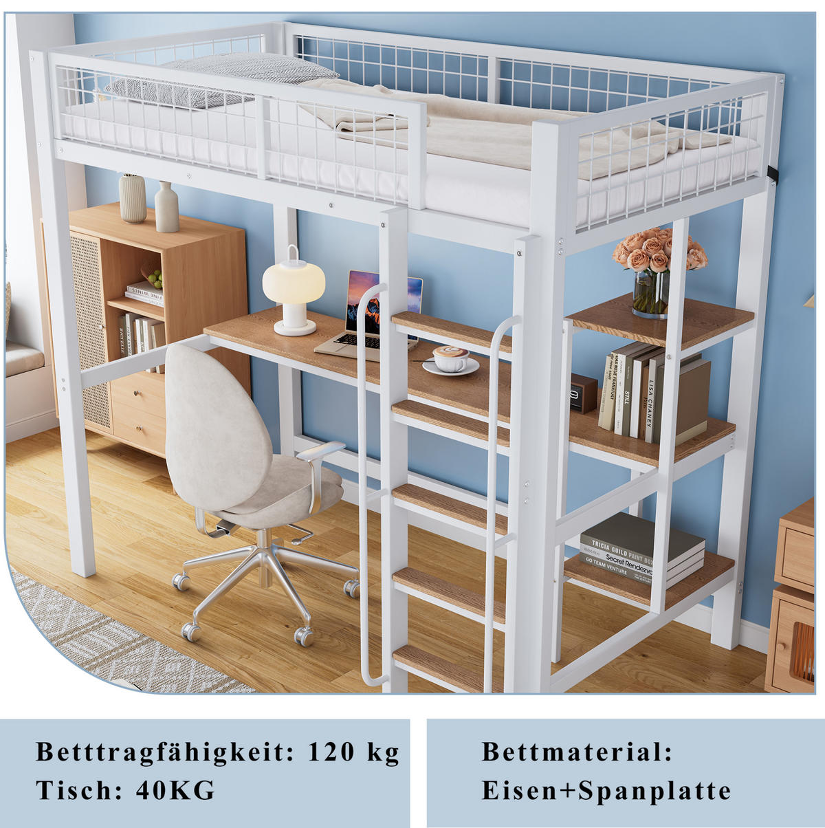 ETAGENBETT aus Metall und Holz 90x200 cm Weiß/Natur mit Schreibtisch, Regalen und 5-stufiger Leiter - Weiß, Metall (90/200cm) - Modfu
