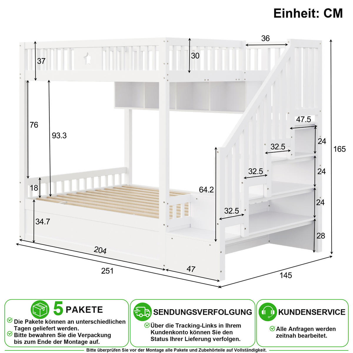 PATROVÁ POSTEL 140/200 cm v bílé barvě s úložným prostorem, policemi a schody - bílá, dřevo/kompozitní dřevo (140/200cm) - CHICFURN