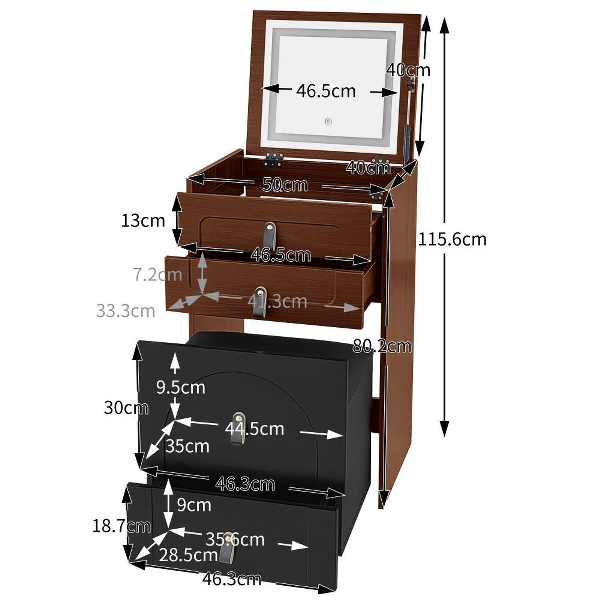 SCHMINKTISCH in Braun(Enthält Make-up-Hocker) mit 3 Schubladen - Braun, Holz (50/115.6/40cm) - KOMHTOM