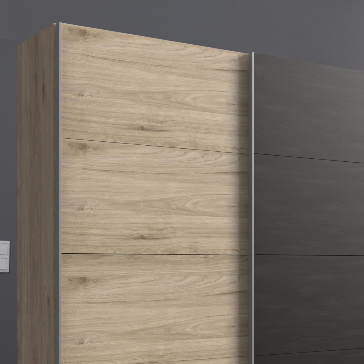 SCHWEBETÜRENSCHRANK 3-türig B270/H208/T65 cm Eichen-Dekor mit Mitteltür in grauer Stahl-Optik / 22004 - Eichefarben/Alufarben, Holzwerkstoff/Metall (270/208/65cm) - luma-home