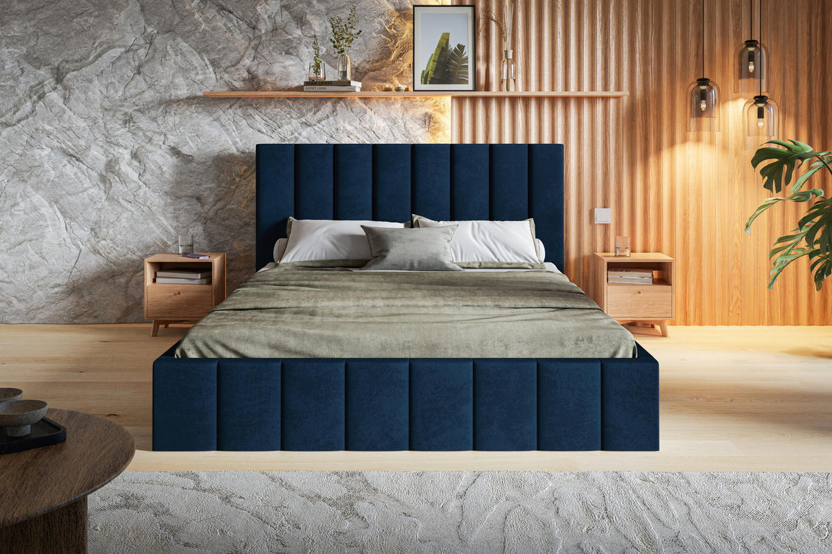 POLSTERBETT 180x200 Moris mit Kopfteil, Bettkasten Lattenrost, Blau - Blau, Holz/Textil (180/200cm) - Emporius