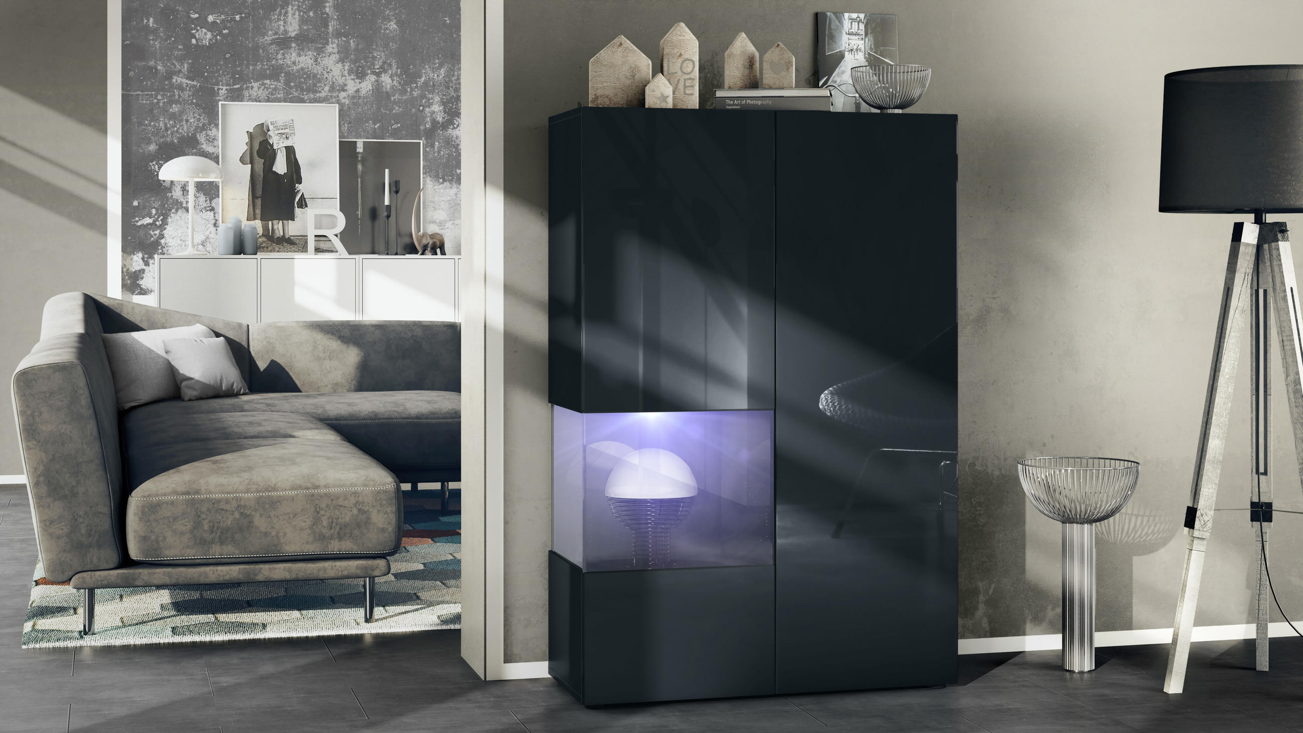 VITRINE Morena Einsatz in Schwarz Hochglanz - Schwarz Hochglanz, Holzwerkstoff (91.5/136.5/37cm) - Vladon